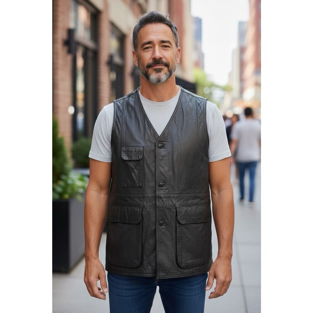 Vintage SCLI Men's Black Leather Vest Multi-Pocket Biker Moto Fishing Size L/52